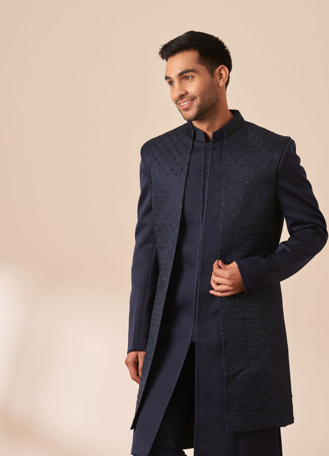 Dark Blue Embellished Jacket Style Indo Western image number 0